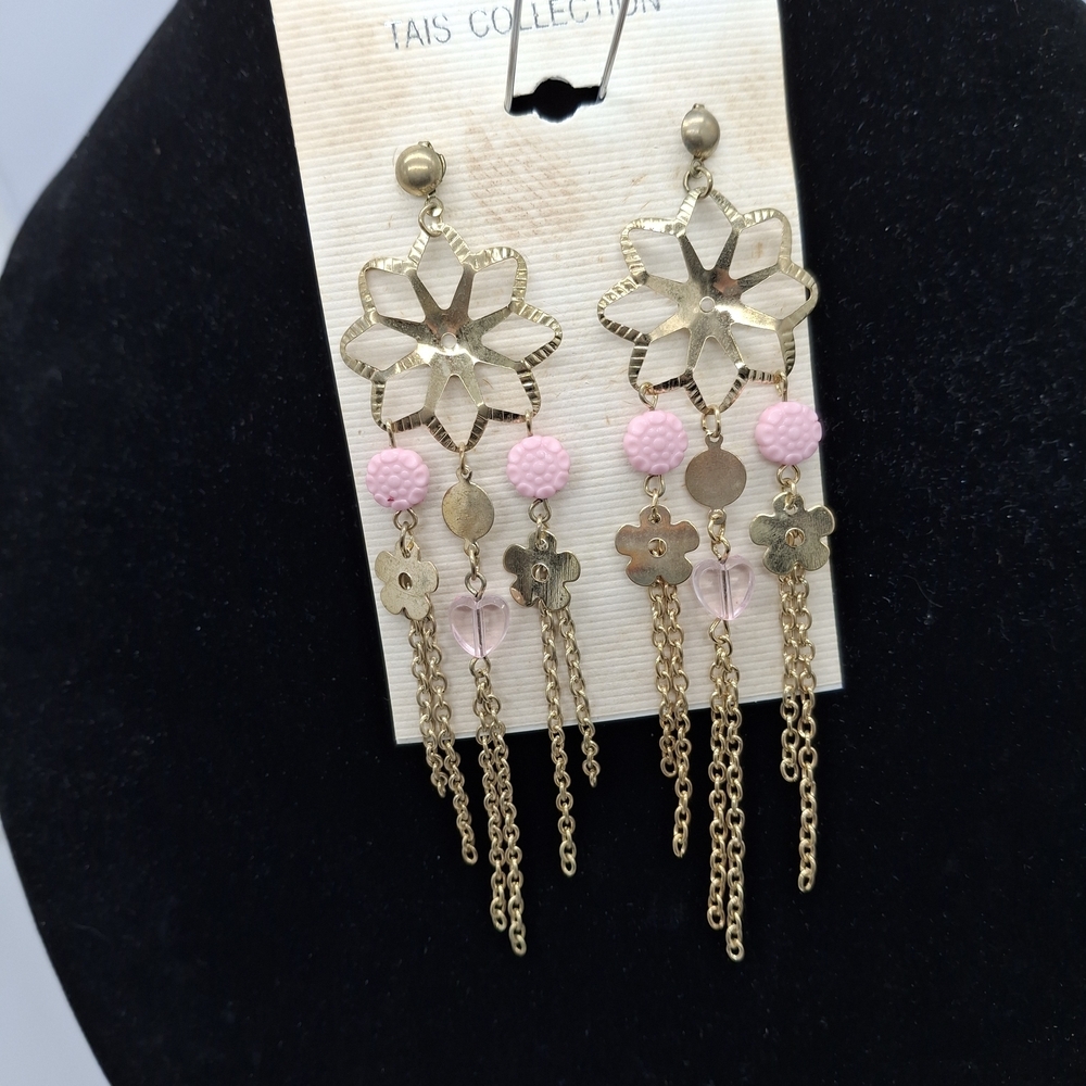 Tais Collection Gold and Pink Floral Dangle Earrings